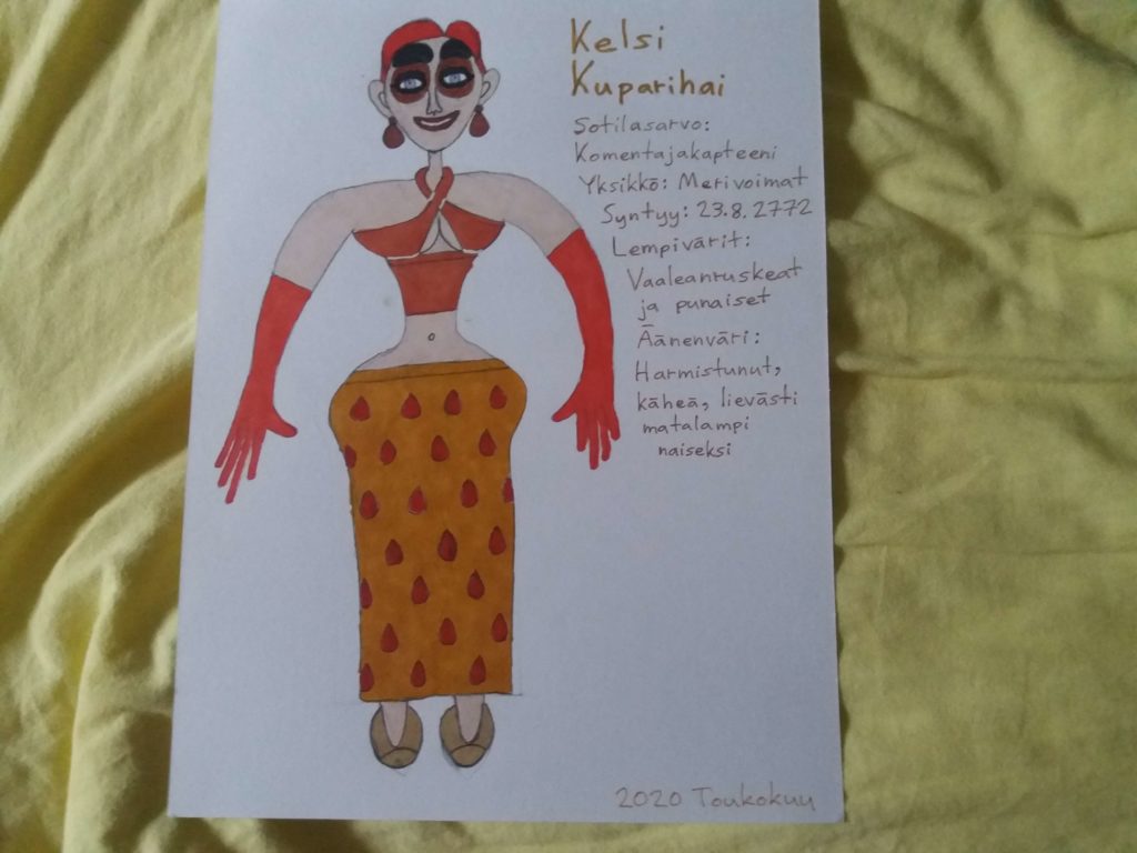 Värikäs piirustus mielikuvituksellisesta naishahmosta nimeltä Kelsi Kuparihai.